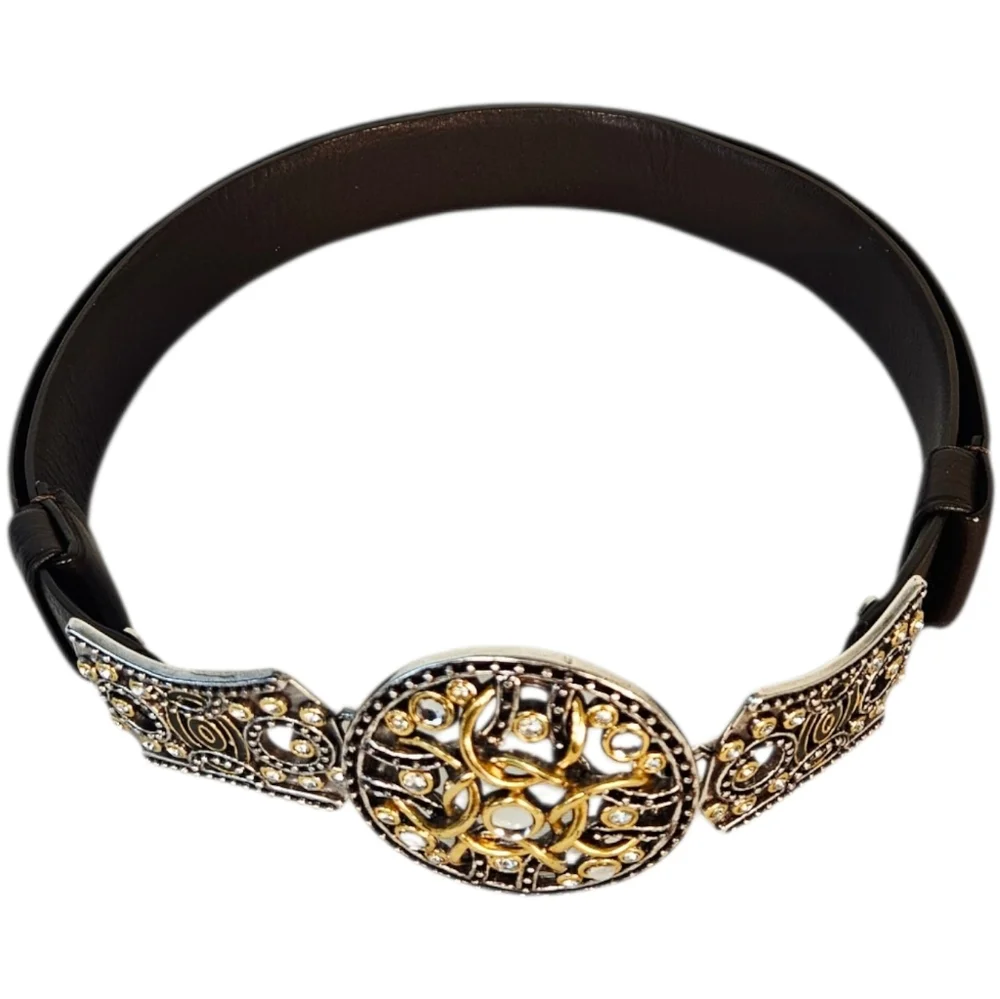 Chico's Brown Leather Western Belt Rhinestone Statement Buckle Boho M/L
